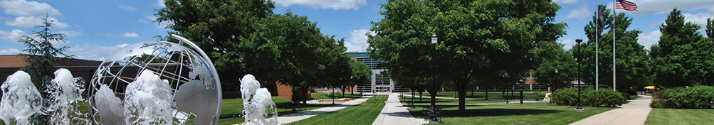 fountain and sidewalks on campus quad